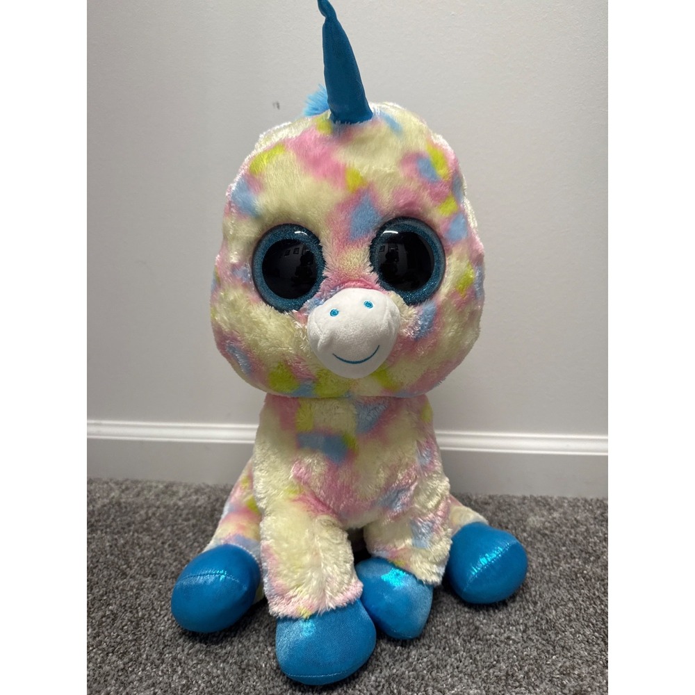 Ty Beanie Boos Blitz the Unicorn Pastel With Blue Horn Large Size 17"‎ NWOT
